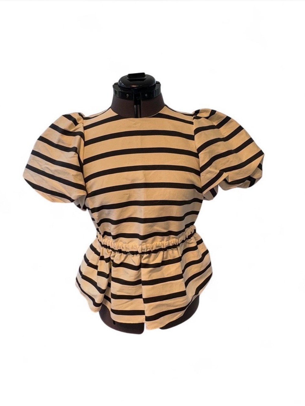 Tanya Taylor Kelsey Cream and Black Striped Puff-Sleeve Peplum Top NWOT
